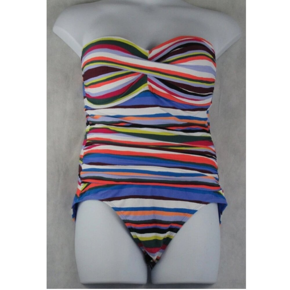 Anne Cole Women's Twist-Front Bandeau One-Piece Swimsuit, Multicolor Stripe, 16